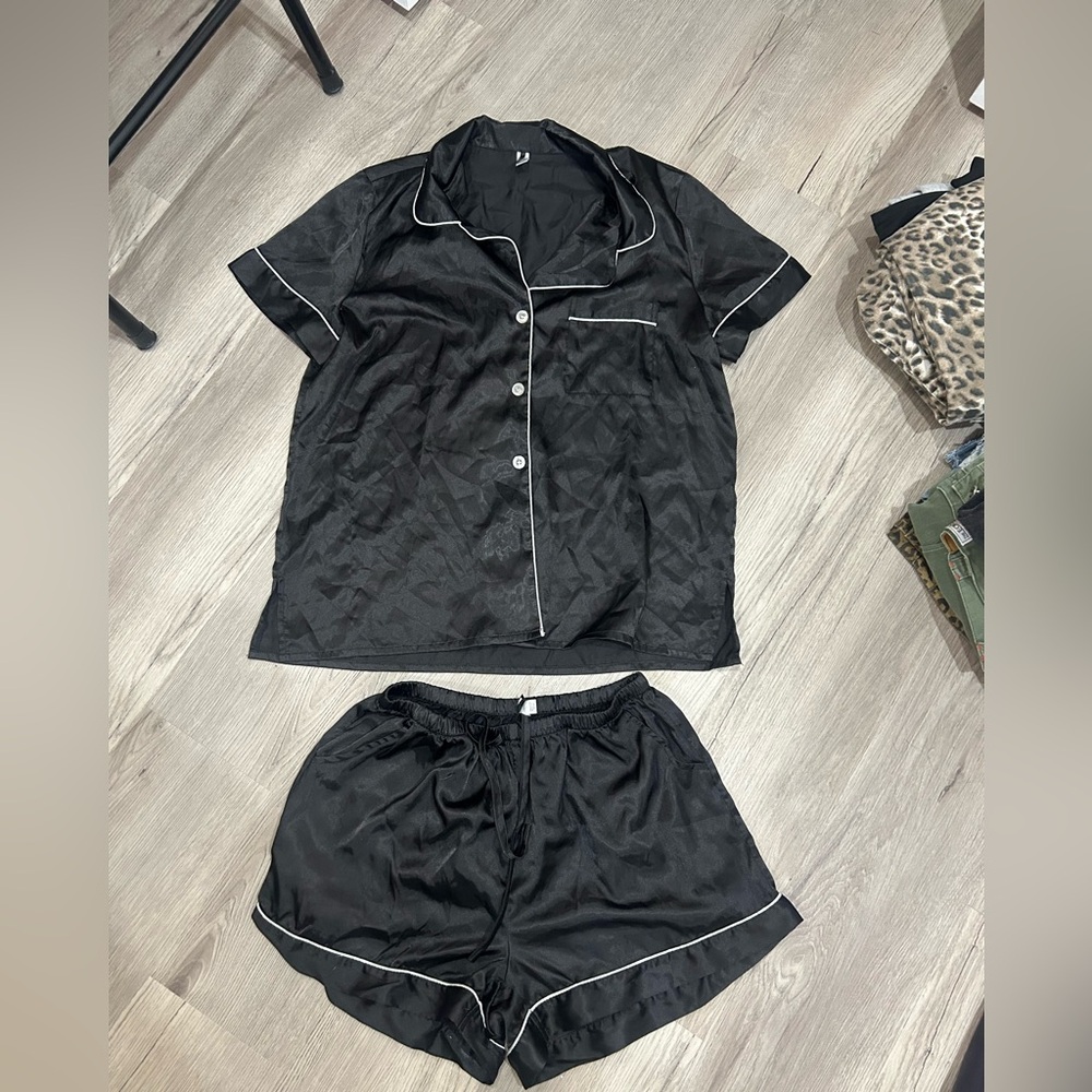 Fashion Nova Black Satin Pajama Set